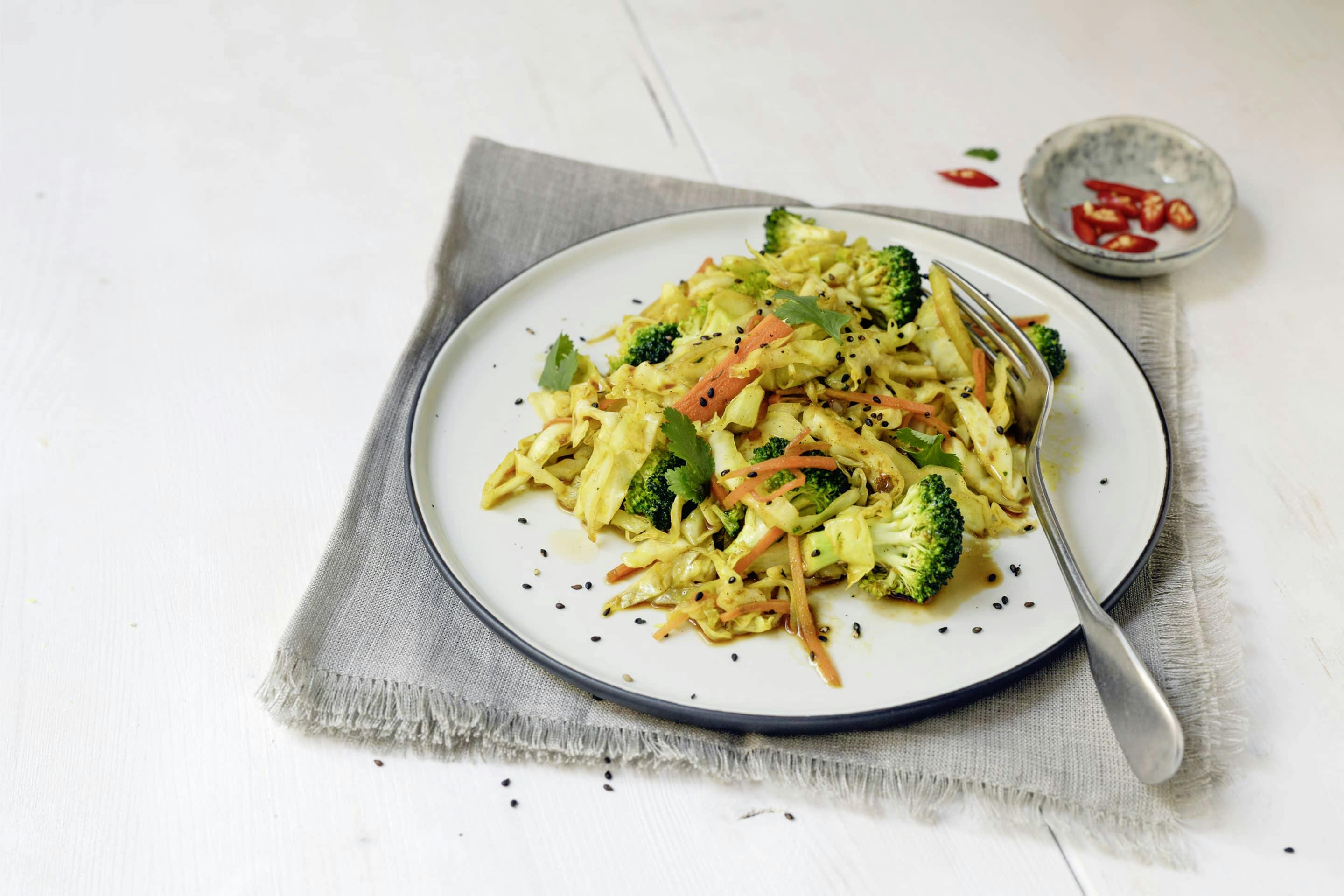 Kraut, KArotten und Brokkoli aus dem Wok mit VEGGY Exotic